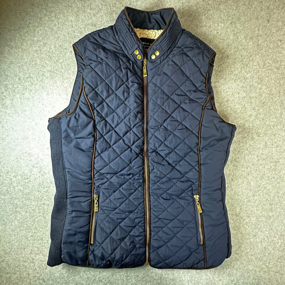 Active USA Navy Quilted Fleece Lined Vest Womens Medium Gold Hardware